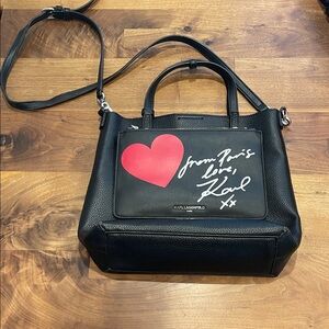 Karl Lagerfeld Leather Black Shoulder Bag with Red Heart Accent Pouch attached